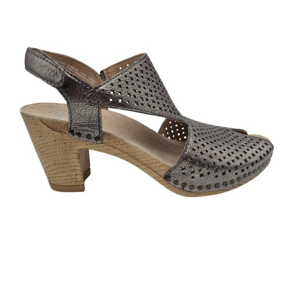 Dansko Teagan Laser Cut Leather Heeled Sandals Women's Size 40 Gray Metallic 384 - Picture 4 of 10